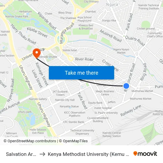 Salvation Army to Kenya Methodist University (Kemu Hub) map