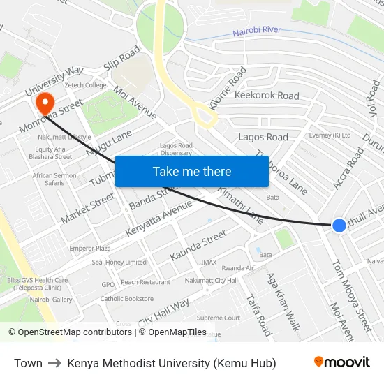 Town to Kenya Methodist University (Kemu Hub) map
