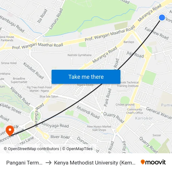 Pangani Terminal to Kenya Methodist University (Kemu Hub) map