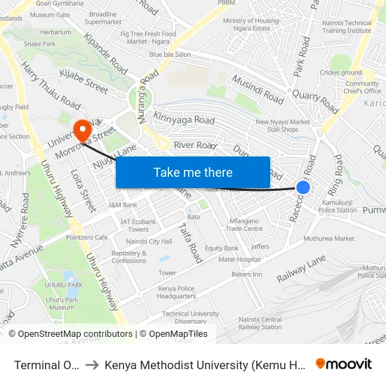 Terminal Otc to Kenya Methodist University (Kemu Hub) map