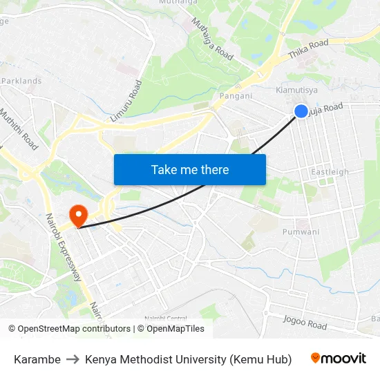 Karambe to Kenya Methodist University (Kemu Hub) map