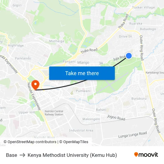 Base to Kenya Methodist University (Kemu Hub) map