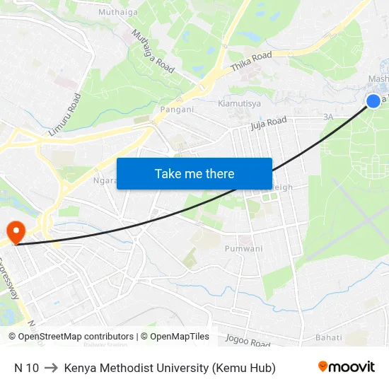 N 10 to Kenya Methodist University (Kemu Hub) map