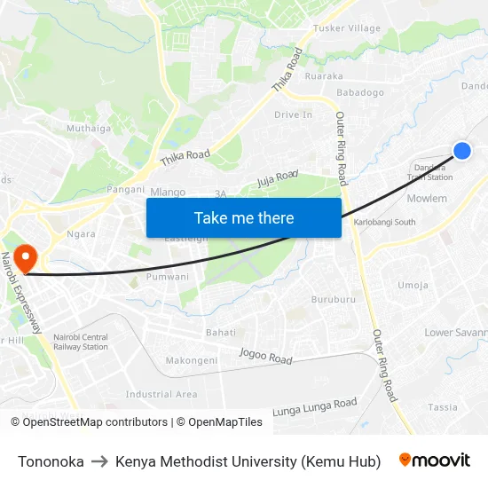 Tononoka to Kenya Methodist University (Kemu Hub) map