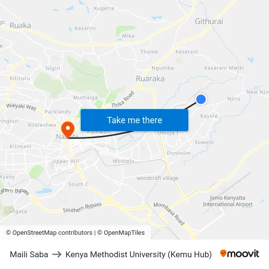 Maili Saba to Kenya Methodist University (Kemu Hub) map