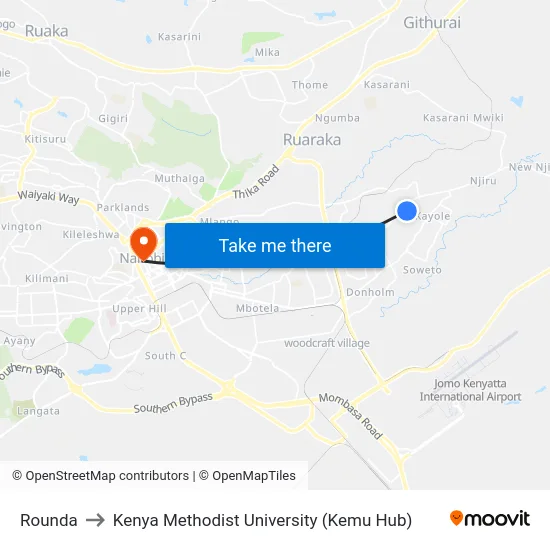 Rounda to Kenya Methodist University (Kemu Hub) map