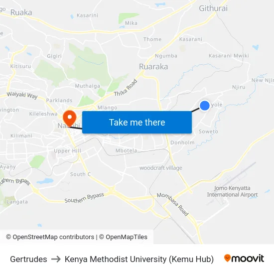 Gertrudes to Kenya Methodist University (Kemu Hub) map