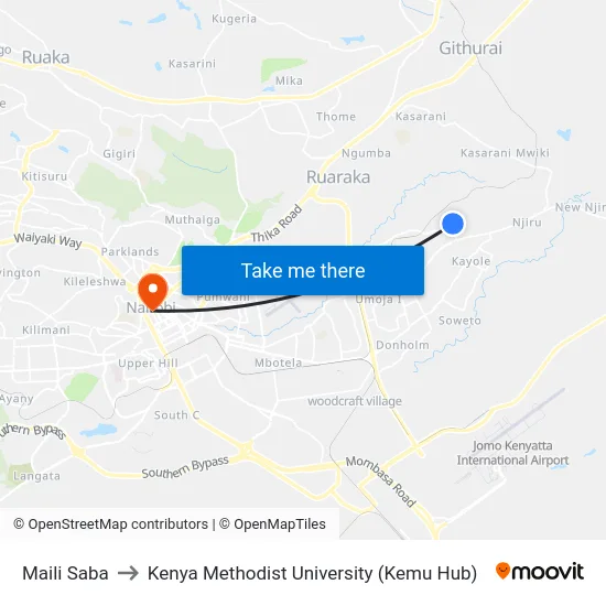 Maili Saba to Kenya Methodist University (Kemu Hub) map