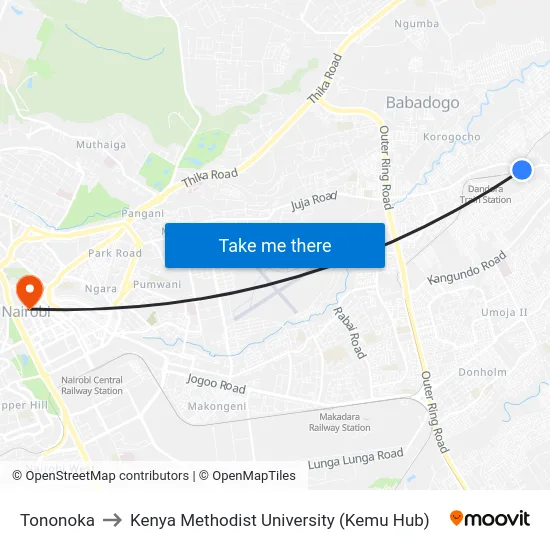 Tononoka to Kenya Methodist University (Kemu Hub) map