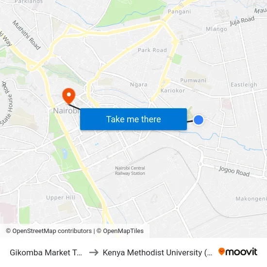 Gikomba Market Terminals to Kenya Methodist University (Kemu Hub) map
