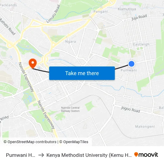 Pumwani Hos to Kenya Methodist University (Kemu Hub) map