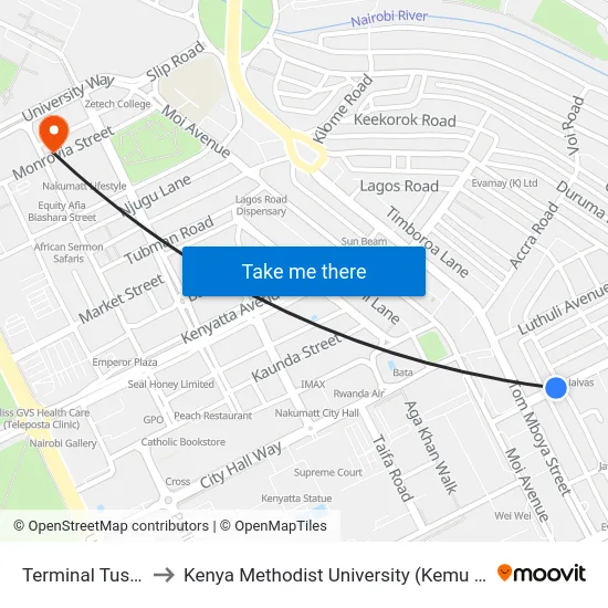 Terminal Tusker to Kenya Methodist University (Kemu Hub) map