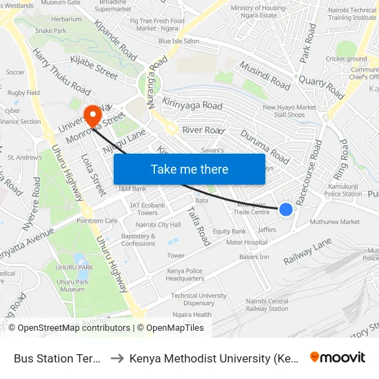 Bus Station Terminal to Kenya Methodist University (Kemu Hub) map