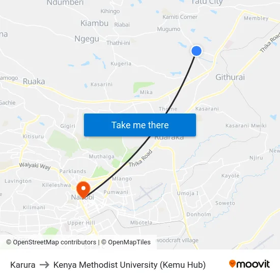Karura to Kenya Methodist University (Kemu Hub) map