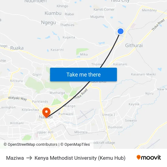Maziwa to Kenya Methodist University (Kemu Hub) map