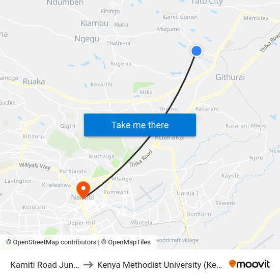 Kamiti Road Junction to Kenya Methodist University (Kemu Hub) map