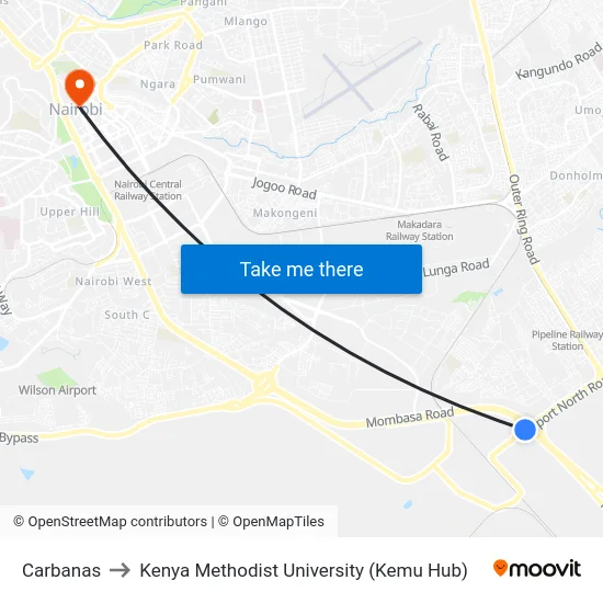 Carbanas to Kenya Methodist University (Kemu Hub) map