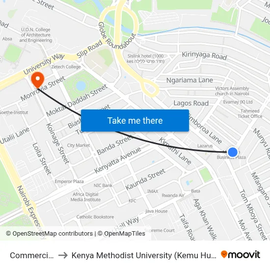 Commercial to Kenya Methodist University (Kemu Hub) map