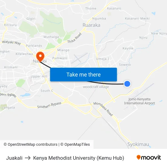 Juakali to Kenya Methodist University (Kemu Hub) map