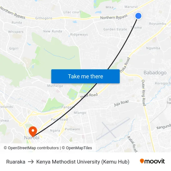 Ruaraka to Kenya Methodist University (Kemu Hub) map