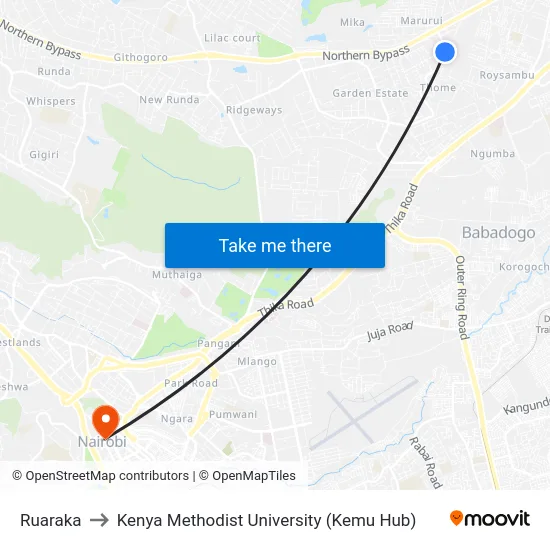 Ruaraka to Kenya Methodist University (Kemu Hub) map