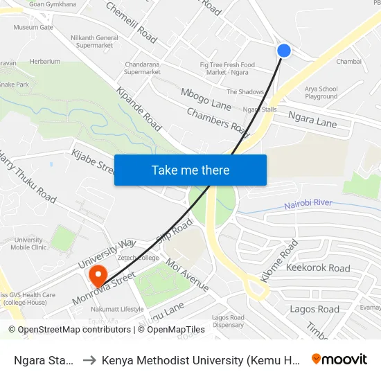 Ngara Stage to Kenya Methodist University (Kemu Hub) map