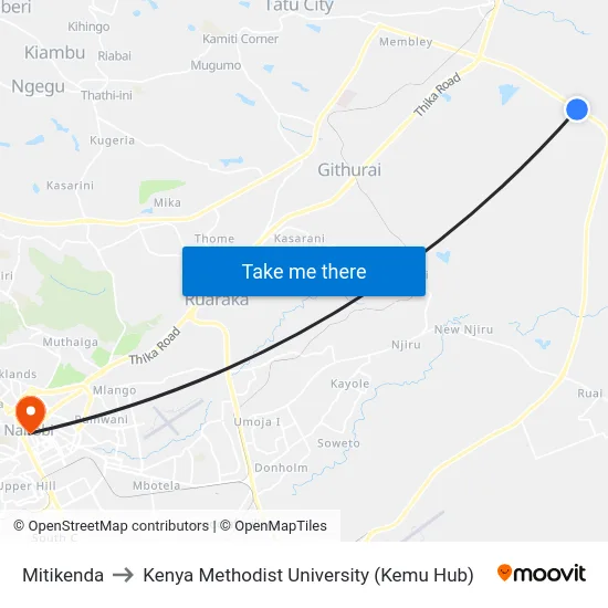 Mitikenda to Kenya Methodist University (Kemu Hub) map