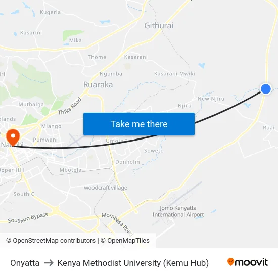 Onyatta to Kenya Methodist University (Kemu Hub) map