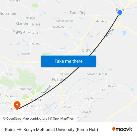Ruiru to Kenya Methodist University (Kemu Hub) map