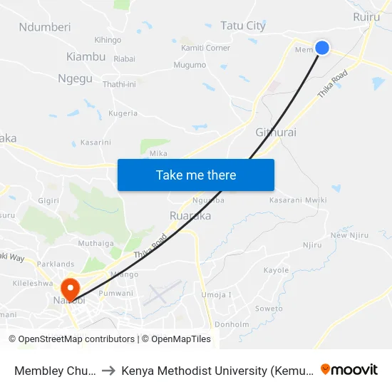 Membley Church to Kenya Methodist University (Kemu Hub) map