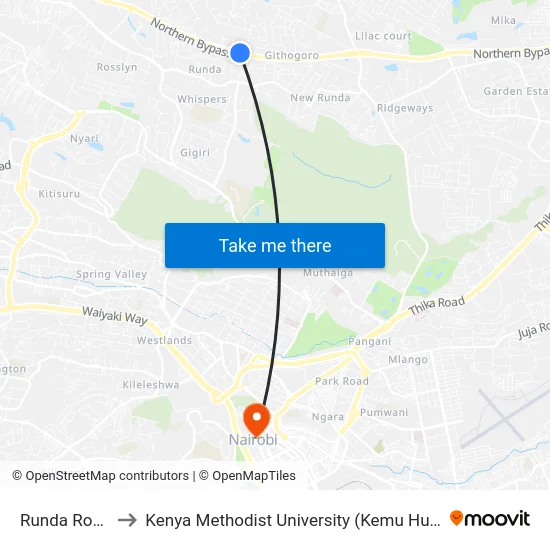 Runda Road to Kenya Methodist University (Kemu Hub) map