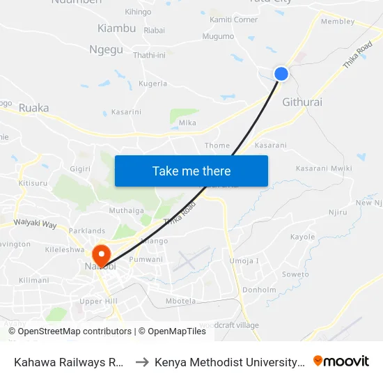 Kahawa Railways Roundabout to Kenya Methodist University (Kemu Hub) map