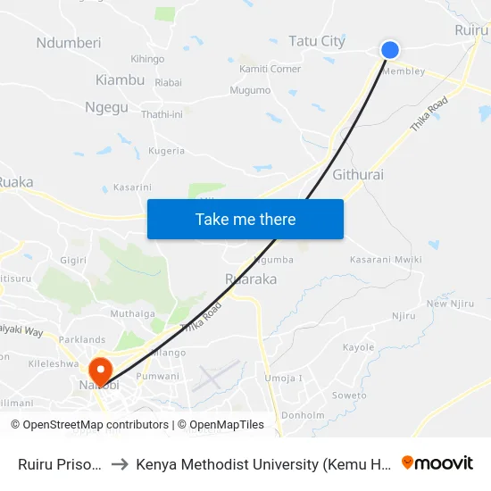 Ruiru Prisons to Kenya Methodist University (Kemu Hub) map