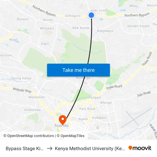 Bypass Stage Kiambu to Kenya Methodist University (Kemu Hub) map