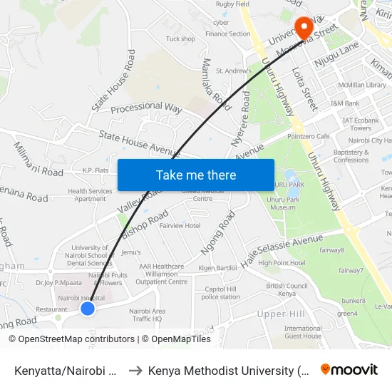 Kenyatta/Nairobi Hospital to Kenya Methodist University (Kemu Hub) map