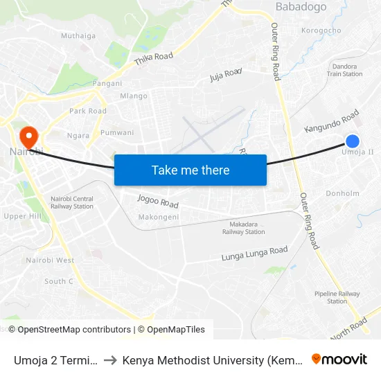 Umoja 2 Terminus to Kenya Methodist University (Kemu Hub) map