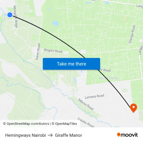 Hemingways Nairobi to Giraffe Manor map