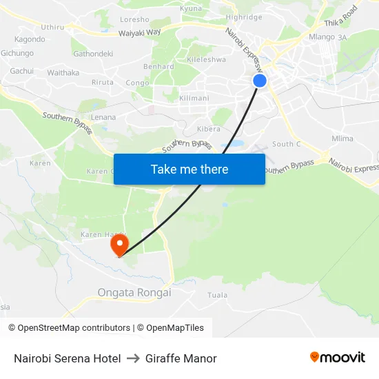 Nairobi Serena Hotel to Giraffe Manor map