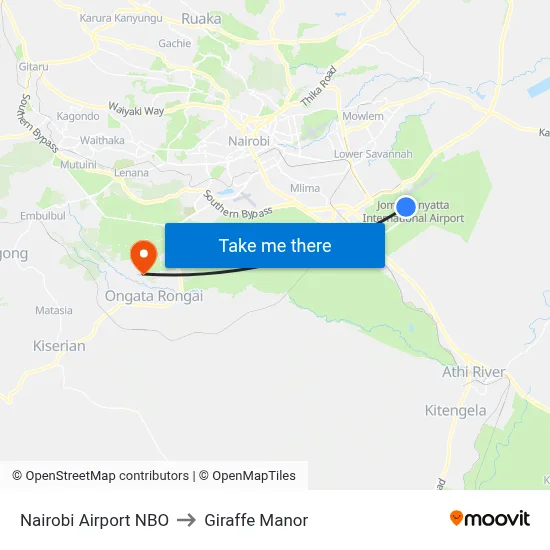 Nairobi Airport NBO to Giraffe Manor map