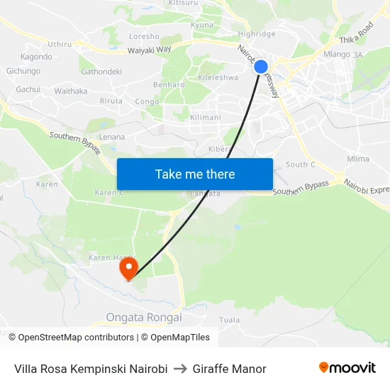 Villa Rosa Kempinski Nairobi to Giraffe Manor map