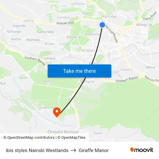 ibis styles Nairobi Westlands to Giraffe Manor map