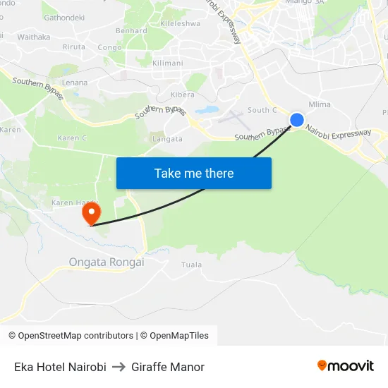 Eka Hotel Nairobi to Giraffe Manor map