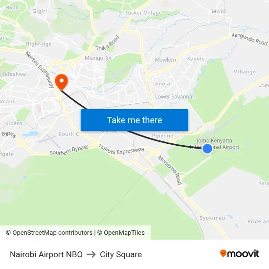 Nairobi Airport NBO to City Square map