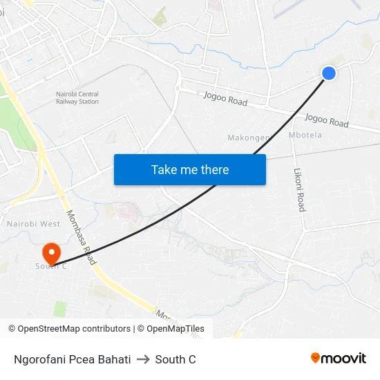 Ngorofani Pcea Bahati to South C map