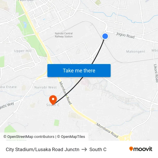 City Stadium/Lusaka Road Junctn to South C map