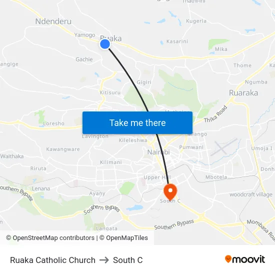 Ruaka Catholic Church to South C map