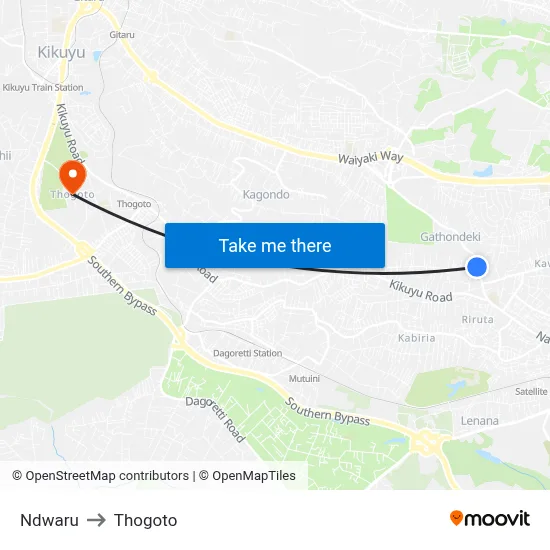 Ndwaru to Thogoto map