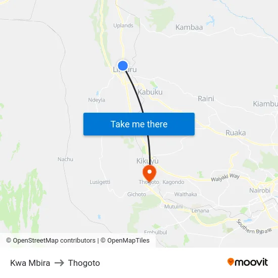 Kwa Mbira to Thogoto map
