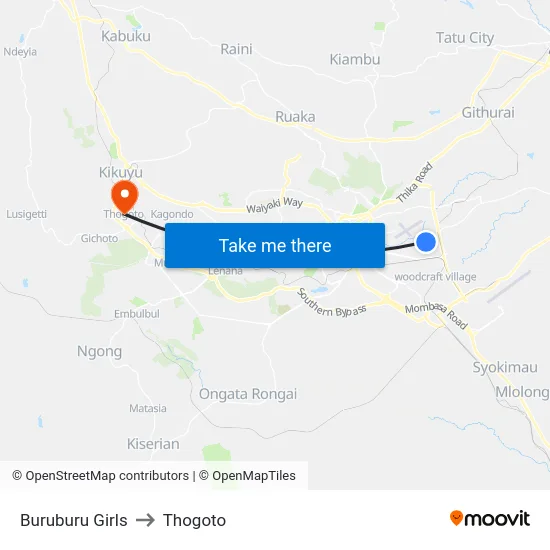 Buruburu Girls to Thogoto map