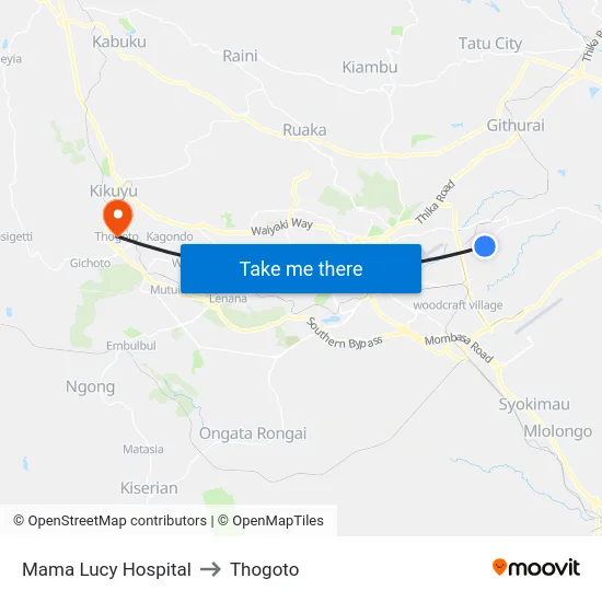 Mama Lucy Hospital to Thogoto map